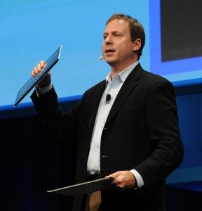Kirk Skaugen, vice president and general manager of Intel's PC Client Group, shows off the North Cape Ultrabook reference design on-stage at the Intel keynote.