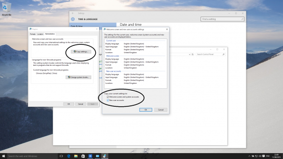 Use the Administrative tab, select Copy Settings and select the two options at the bottom of the following window.