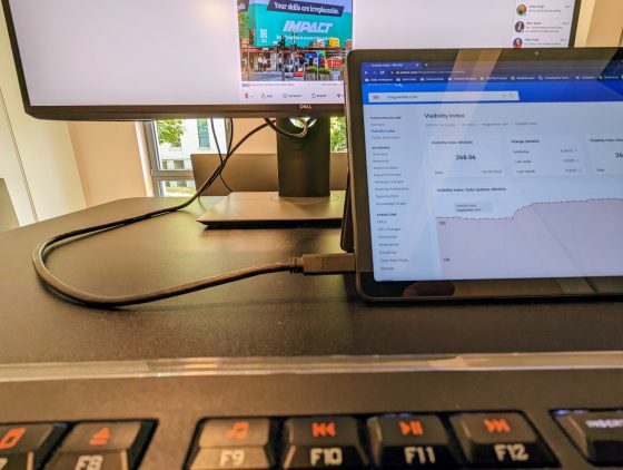 Lenovo Duet Chromebook as a tablet, docked with power, 4K screen, keyboard and mouse.